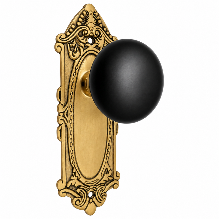 Traditional™ Black Porcelain Door Knob Set with Largo Design Backplate