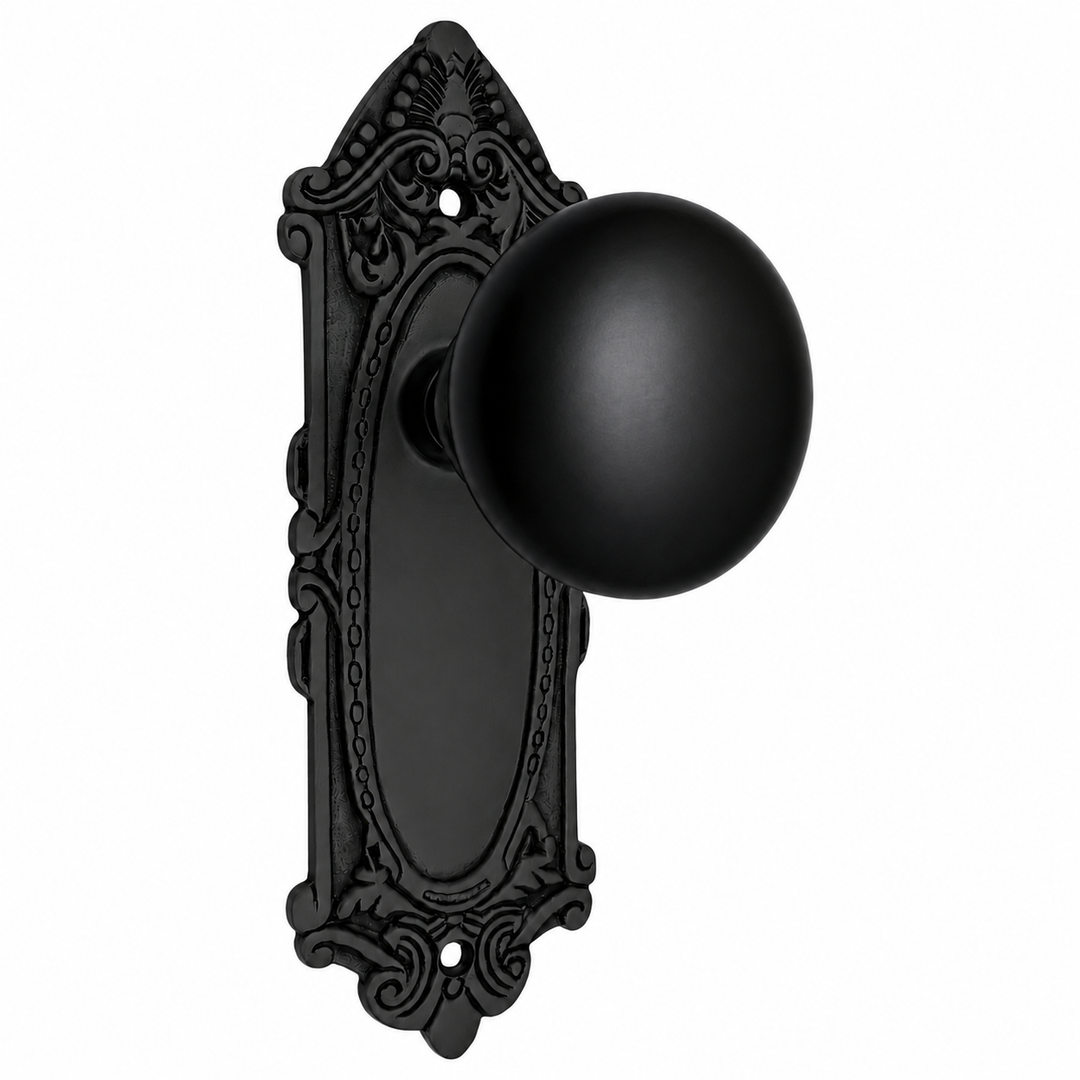 Traditional™ Black Porcelain Door Knob Set with Largo Design Backplate