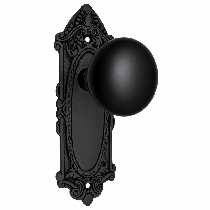 Traditional™ Black Porcelain Door Knob Set with Largo Design Backplate