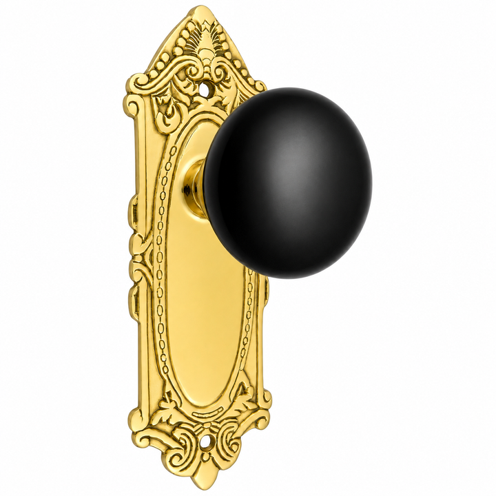 Traditional™ Black Porcelain Door Knob Set with Largo Design Backplate