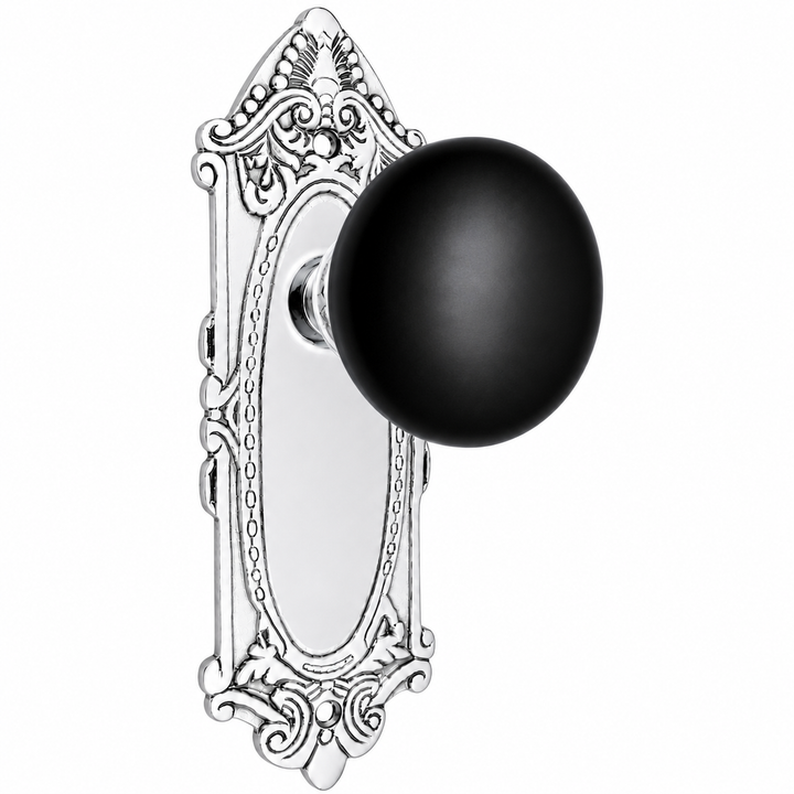 Traditional™ Black Porcelain Door Knob Set with Largo Design Backplate