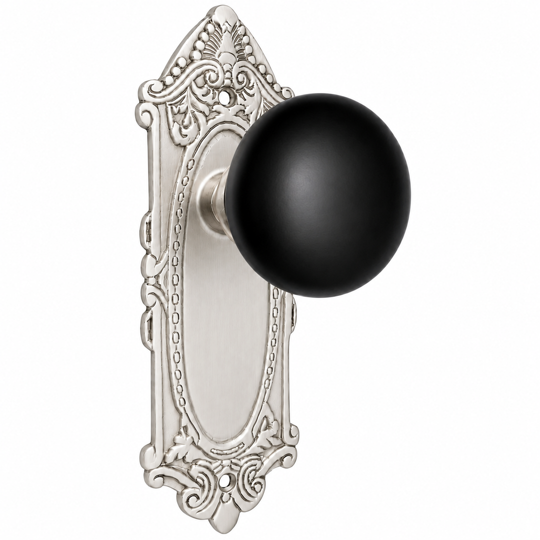 Traditional™ Black Porcelain Door Knob Set with Largo Design Backplate