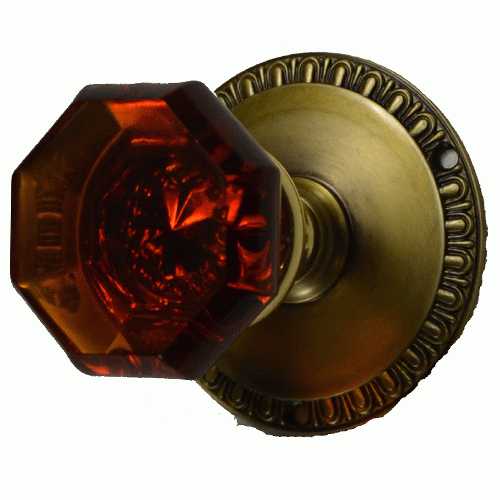 ##Antique Hardware## Traditional Amber Glass Door Knob and Egg & Dart Solid Brass Rosette (Several Finishes Available)