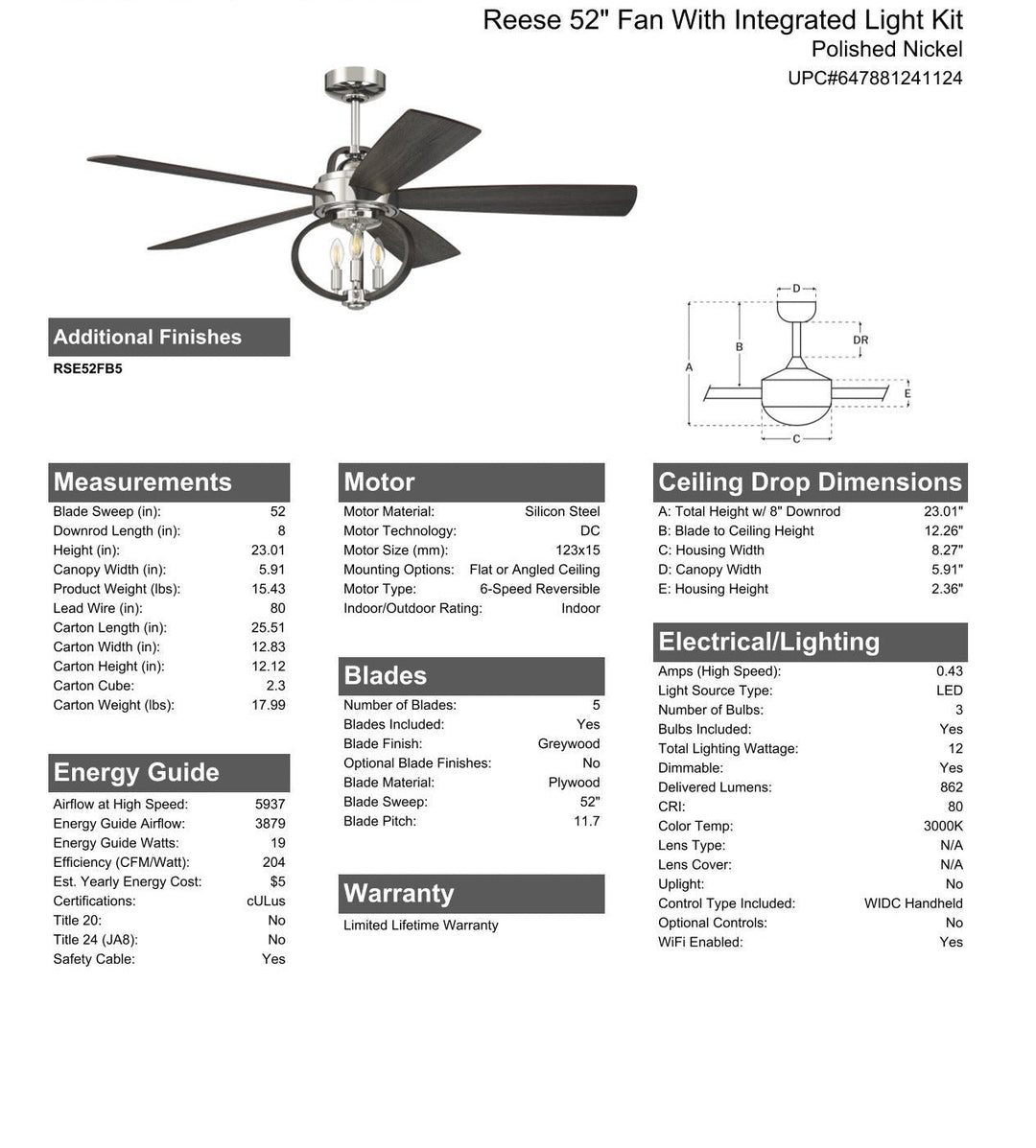 Antique Hardware 52" Reese in Polished Nickel w/ Greywood Blades Ceiling Fan