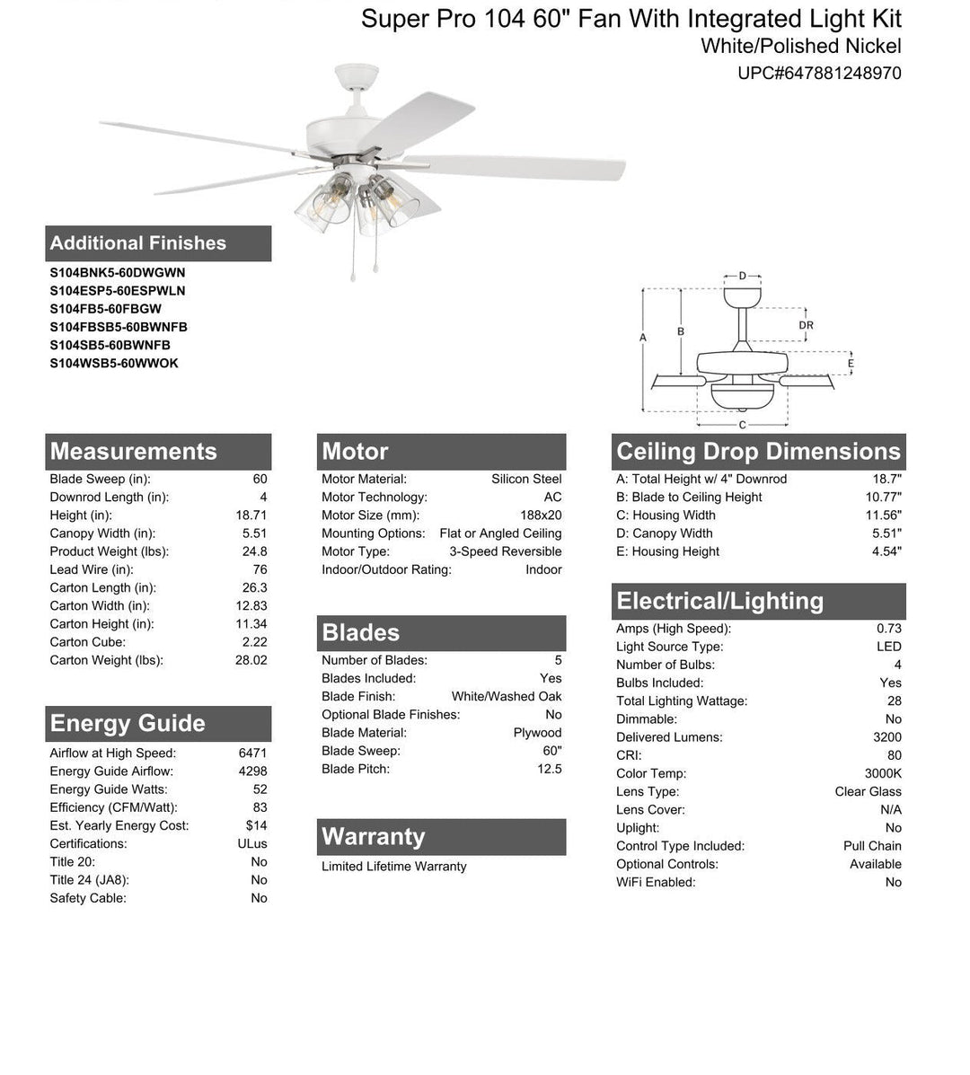 Antique Hardware 60" Super Pro 104 in White/Polished Nickel w/ White/Washed Oak Blades Ceiling Fan