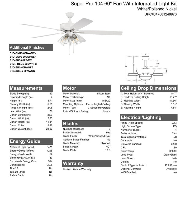 Antique Hardware 60" Super Pro 104 in White/Polished Nickel w/ White/Washed Oak Blades Ceiling Fan