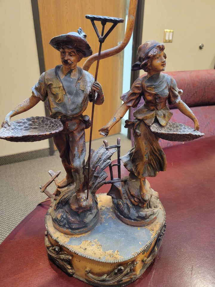 ##Antique Hardware## 32 Inch Antique Farmer and Wife Harvest Lamp